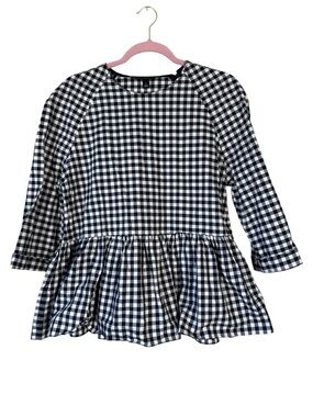 Victoria Beckham X Target Navy Blue White Buffalo Plaid Peplum Blouse Womens L